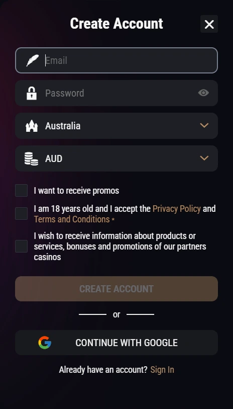 Create account form with country and currency selector