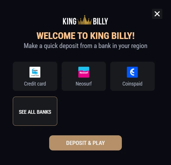 Deposit screen showing King Billy payment options