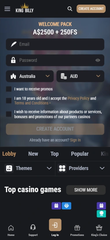Mobile view account creation with welcome bonus
