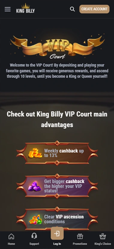 King Billy VIP court advantages with cashback and VIP status